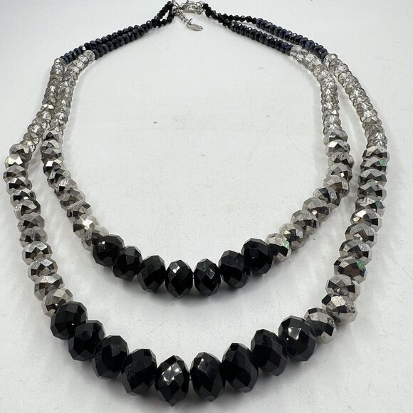 Ali Khan New York Two Strand Faceted Bead Necklace Black Silver Clear Acrylic - Picture 8 of 8